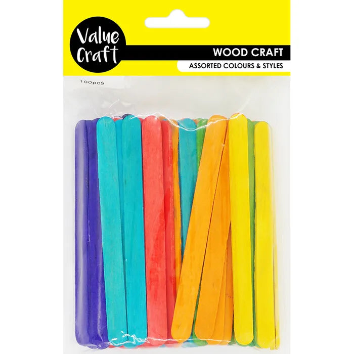Value Craft Wood Icy Pole Sticks Coloured 15cm Pk100